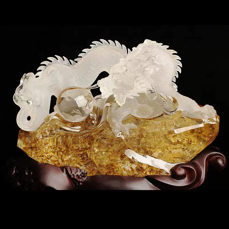 天然水晶龙摆件黄胶花水晶雕刻龙生肖龙风水摆件五爪金龙单龙戏珠-Taobao