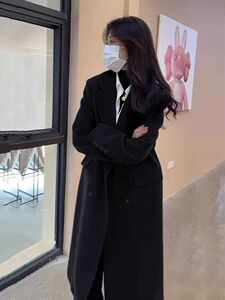
Women's black trendy wool coat Hepburn style small wool coat high-end autumn and winter long coat