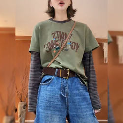 Green Printed Striped Long-Sleeve T-Shirt for Women, Autumn and Winter Base Layer, 2025 New American Style Versatile Loose Top