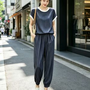 
Cotton silk suit for women summer thin contrasting round neck large size loose flying sleeves bloomers artificial cotton 9-point pants suit