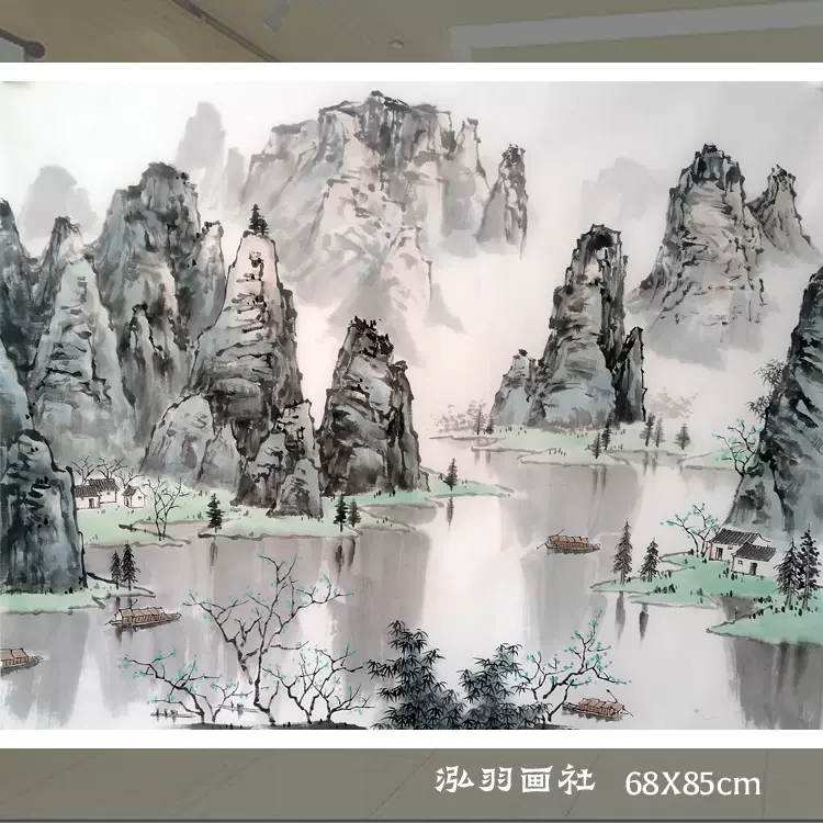 手绘横幅访白雪石山水无款国画画心68X85未裱现代客厅