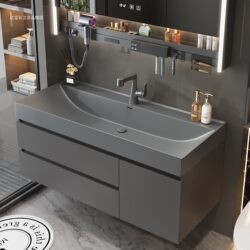 Simple Solid Wood Bathroom Cabinet Set with Integrated Washbasin, Large Ocean Basin Washstand for Bathroom