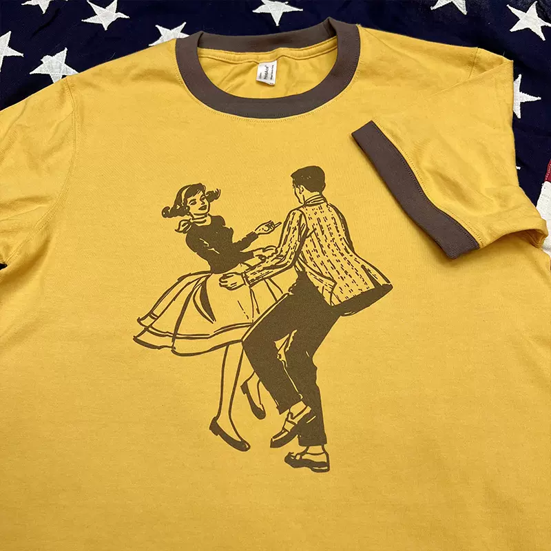 美式復古40's 鄉村搖擺舞滾邊撞色vintage 古著感男女款T恤