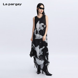 
La pargay sleeveless vest dress summer new style wrinkled high waist trendy brand design printed A-line skirt