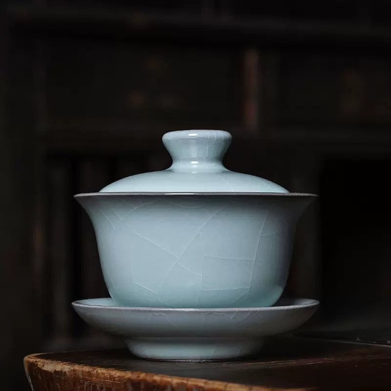中国宋代青瓷盖碗，茶器。 天青汝窑盖碗｜高档正品开片汝瓷茶碗茶盅三才碗泡茶杯功夫茶具
