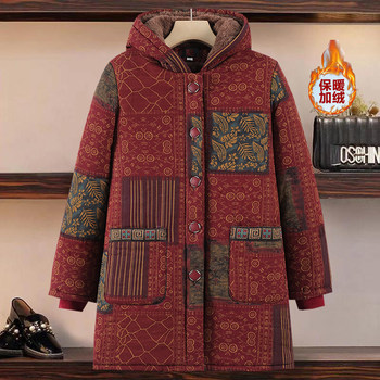 Long-sleeved hooded printed button cotton linen cotton coat and jacket
