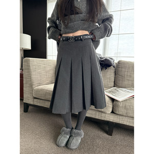 
superniniyy Gaozhi pleated skirt 2025 new medium gray loose woolen mid-length skirt half skirt for women winter