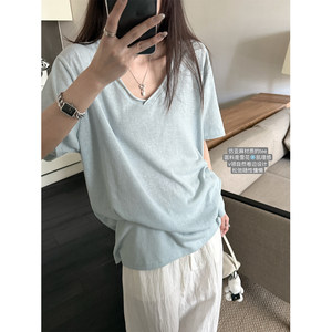 superniniyy mint/slacky snowflake texture curled V-neck short-sleeved loose lazy T-shirt top for women