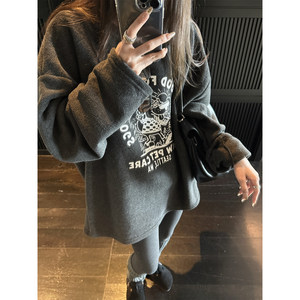 
superniniyy naughty puppy/terry print 2025 new soft waxy plus velvet round neck loose sweatshirt for women