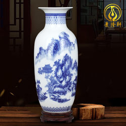 Jingdezhen Ceramic Antique-Style Blue and White Porcelain Large Vase Ornament for Living Room, Bamboo Flower Arrangement, Home Craft Decoration