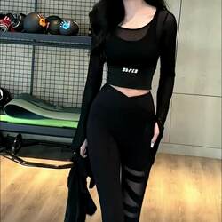 Yoga Clothing Women's Suit Spring and Autumn with Chest Pad Mesh Long-Sleeved Sports Fitness Pilates Running Training Clothes Two Pieces