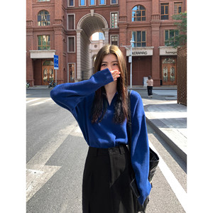 MULVAN black v-neck polo sweater for women in spring and autumn new Korean style loose lazy style pullover knitted top
