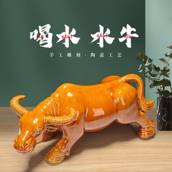 Tang Sancai Ceramic Feng Shui Cow Drinking Water, Ceramic Crafts for Bathroom and Kitchen, Bedroom Corner Decoration