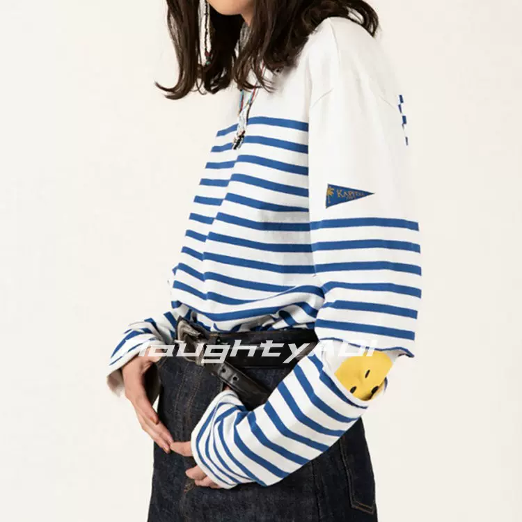 22AW KAPITAL平田和宏手臂笑脸蓝白条纹三旗贴布日系长袖T恤-Taobao