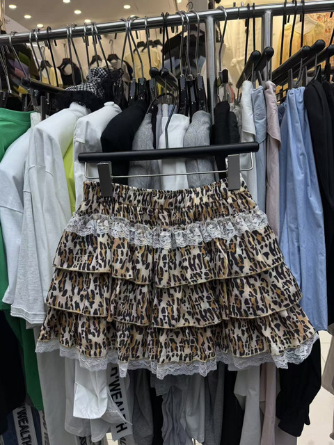 
2025 summer new Korean style fashionable and versatile elastic waist lace leopard print cake skirt for women