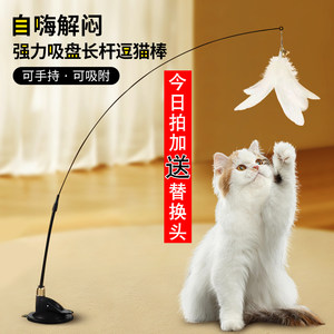 Cat teaser stick with long rod and bell, strong suction cup, feather cat toy, self high, durable, bite resistant, detachable dual-purpose cat teaser