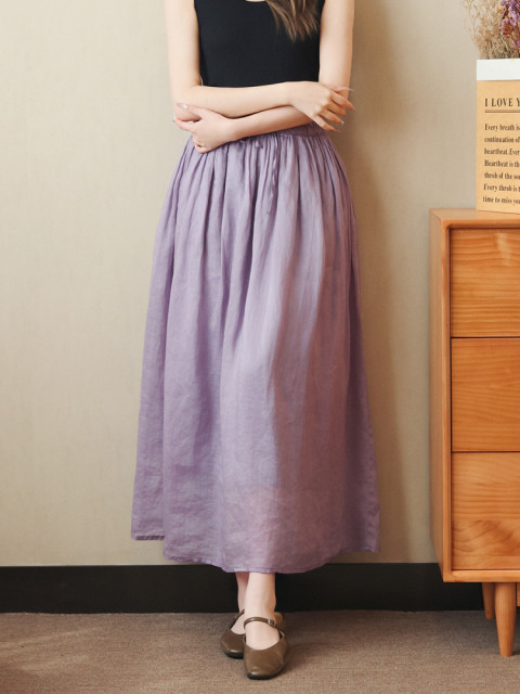 Elastic waist and gentle and versatile style summer double-layer A-line ramie skirt high waist covering flesh to make you look slim and big hem skirt