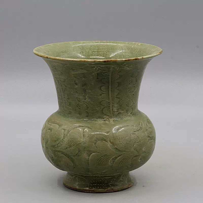 宋代耀州窑青釉手工刻花渣斗做旧仿出土老货