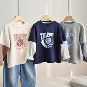 
7A Antibacterial Children's Fake Two-Piece T-Shirt Boys Rugby Long Sleeve Casual Base Shirt Medium and Large Children Children's Clothing