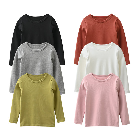 Candy color children's T-shirts, round neck solid color long sleeve base for boys and girls, medium and large children, spring and autumn children's clothing