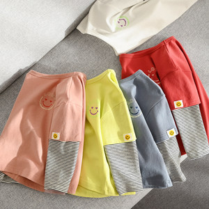 Children's pure cotton fake two T -shirts, boys, girls with smiley long -sleeved bottoming shirts, children's spring and autumn children's clothing
