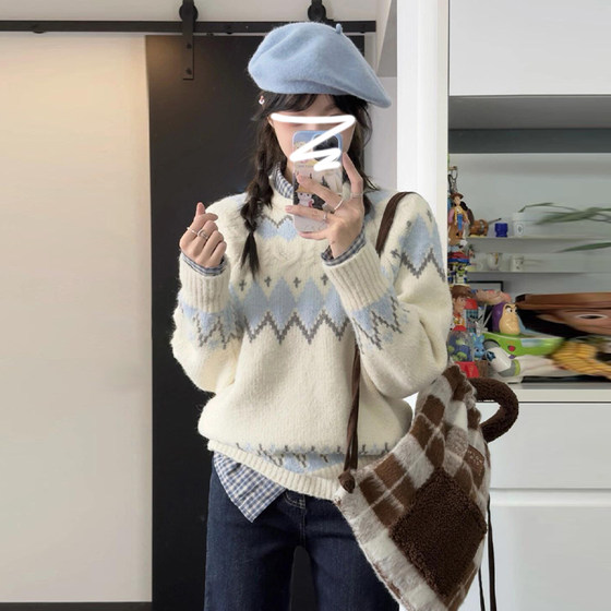 Fair Isle crew neck sweater for women spring and autumn 2026 new Korean style lazy high-end loose pullover knitted top