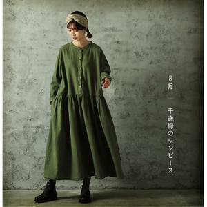 
Daily order 2026 spring new cotton and linen washed emerald green high-waisted versatile casual round neck long-sleeved dress