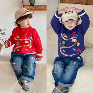 Children's knitted cardigan sweater 2026 autumn new fashion style boy car track pure cotton thread baby sweater