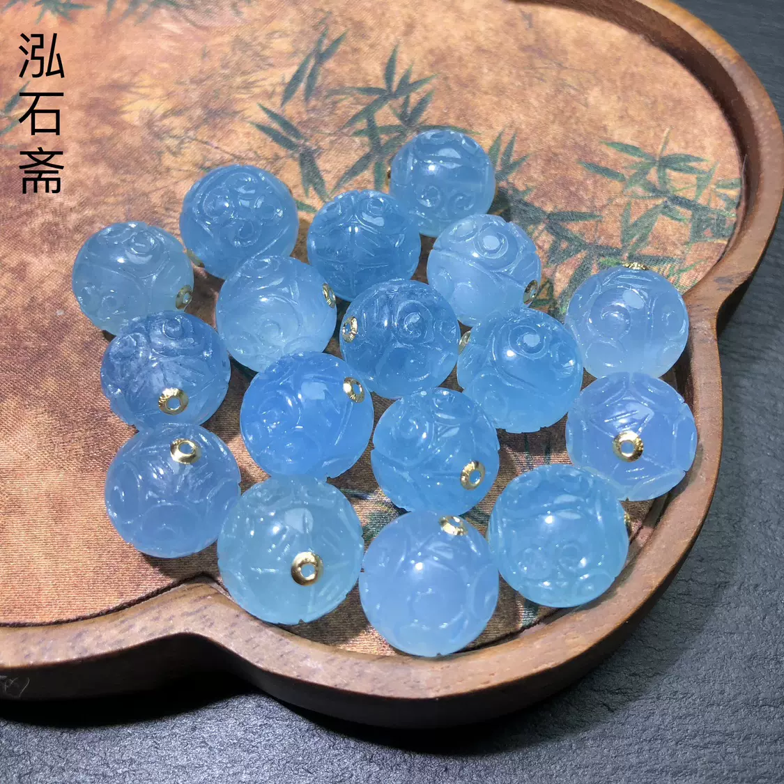 ZZ0128 天然海蓝宝回纹珠18k金吊坠14mm散珠通孔路