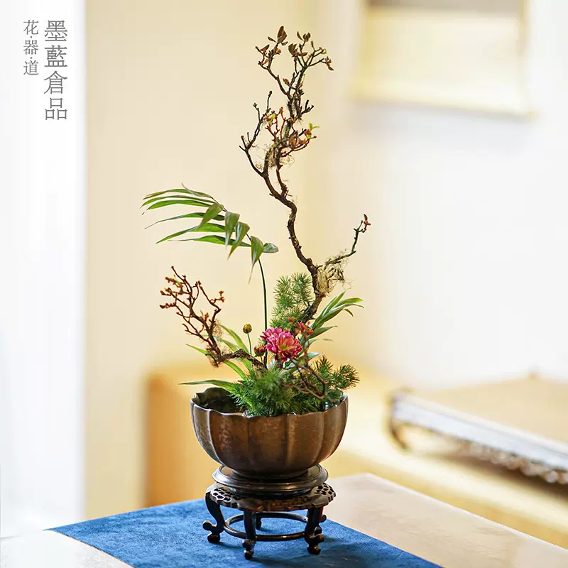 墨藍色的花器道仿古鎏金流釉蓮花碗花器禪意中式日式插花器皿復古-Taobao