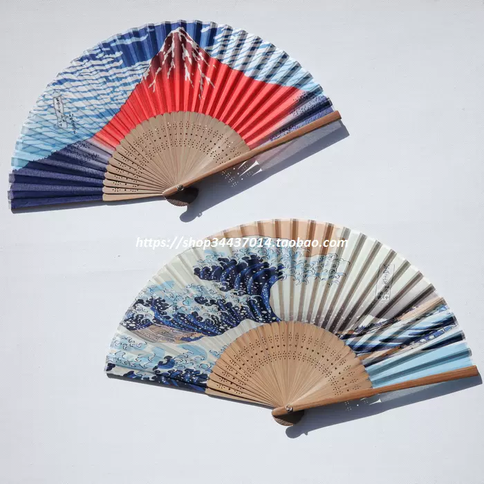 和风真丝 绢扇子葛饰北斋浮世绘神奈川冲浪凯风快晴富士山