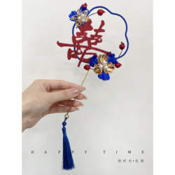 Chinese-Style Red and Blue Color-Blocking Hand Fan, Niche Bride's Handheld Fan for Wedding Photos, Double-Layer Wedding Fan Prop
