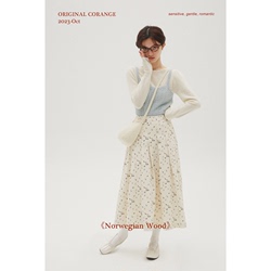 /corange/'practice-wearing' Versatile Slimming Pleated A-line Skirt In Denim Color/customized White Floral