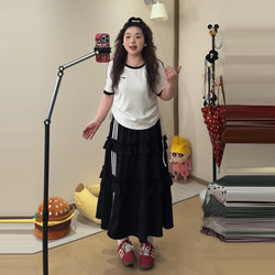 Plus-Size American College Style Round-Neck Short-Sleeve T-Shirt for Women, Summer High-Waisted Design Skirt Set for Curvy Women