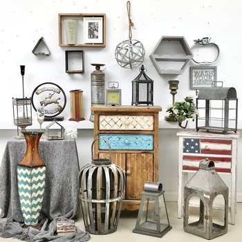 A large collection of unique items - American country style home garden decorations, iron art, wooden distressed gardening groceries and accessories