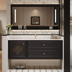 French-Style Vintage Oak Bathroom Cabinet Set with Wall Cabinet, Integrated Ceramic Basin, Bathroom Sink, and Washstand