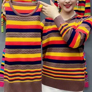 Mom Spring and Autumn Fashion Striped Sweater Women's Loose Loose Large Long -sleeved T -shirt thin middle -aged and elderly knitted bottoming shirt
