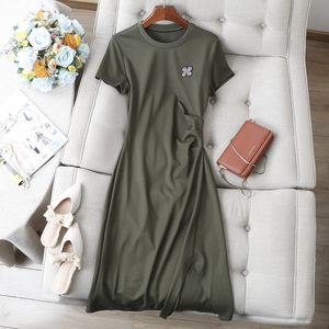 
Design-sensual lazy skirt~ Four-leaf clover bright diamond trim side slit high waist pile pleated slim cotton dress T-shirt skirt summer