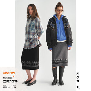 
KOKIA Spot Wool Blended Soft Waxy Knitted Vintage Fair Isle Jacquard Elastic Waist High Elastic Knitted Skirt