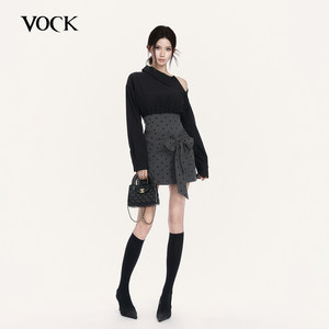 VOCK daughter's special French retro bow stitching polka dot off-the-shoulder slim shirt dress