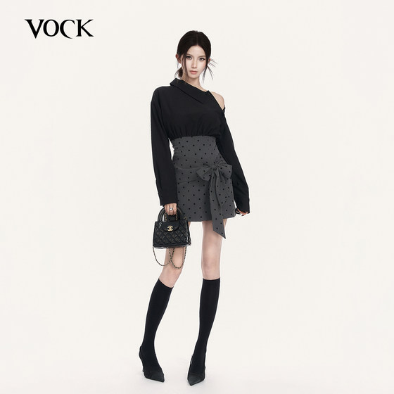 VOCK daughter's special French retro bow stitching polka dot off-the-shoulder slim shirt dress