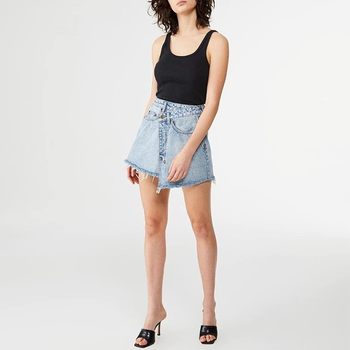 Spot KSUBI high waist asymmetric hair edge Slimous legs long wrapped mini denim ultra -short half skirt light blue