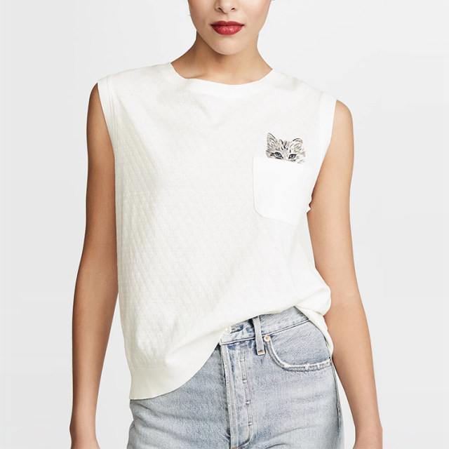 Spot Paul / Joe Sister cute cat pocket loose sleeveless T -shirt vest female blue and white gray
