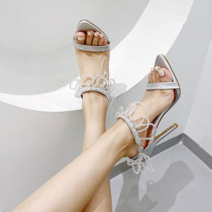 
Niche design crystal bead chain pointed toe thin heel fashion sandals sexy open toe fashion French name slow-off code clearance