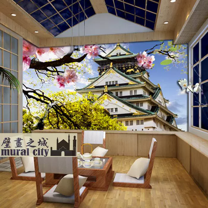 日本櫻花城堡壁紙日本大阪城天守閣壁紙日式宮殿壁畫料理背景牆