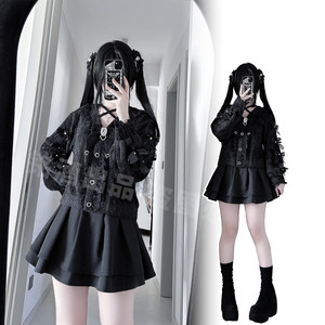 
Mingjiu Academy y2k subculture bud cute autumn and winter black aqua cardigan sweater jacket high waist skirt suit