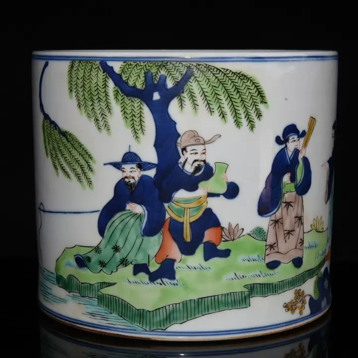 大清康熙年製筆筒 An inscribed blue and white 'fishermen' brushpot Qing