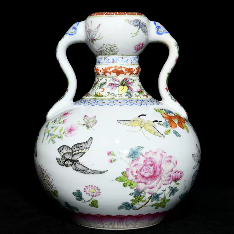 古玩古瓷器陶瓷大清乾隆年制粉彩蝶恋花双耳蒜头瓶