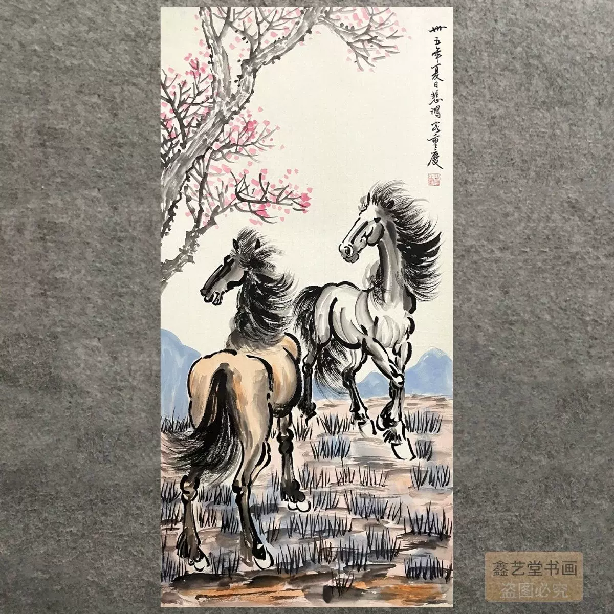 中国美術・純手描き三尺馬画芯・水墨画・動物画・徐悲鸿印款・肉筆