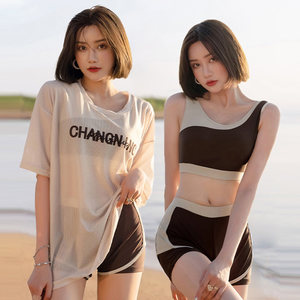 Swimsuit Women's Split Three Piece Set Conservative Student Hoodie Sunscreen with Chest Mat 2024 New Summer Hot Spring Swimsuit
